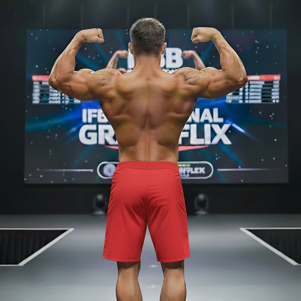 A muscular man wearing crimson MetroMaleWear physique board shorts shows the back side showcasing defined muscles