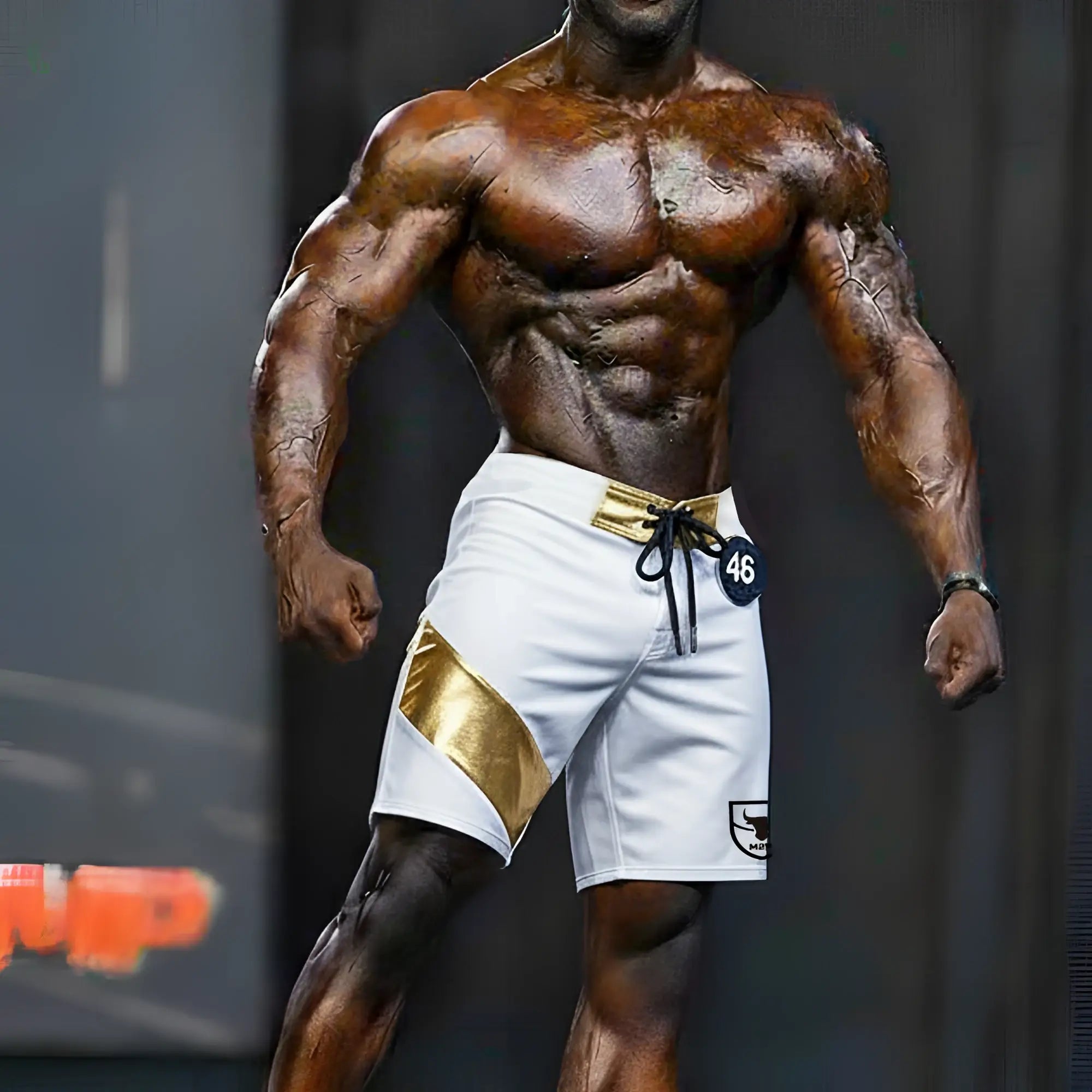 White athletic MetroMaleWear Physique board shorts with gold diagonal stripe black drawstring and matching belt loop