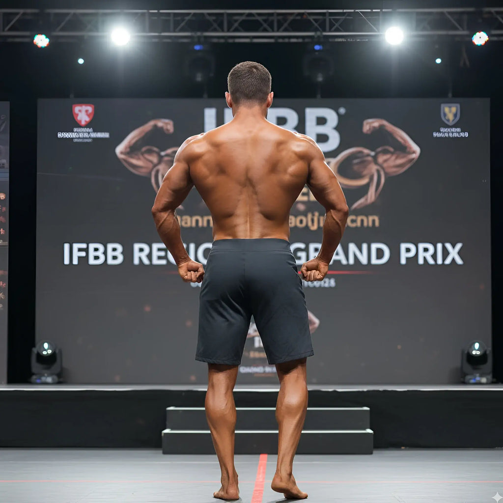 A muscular man stands barefoot on stage showing the back of metroMaleWear physique board short jasper gray 4706-10