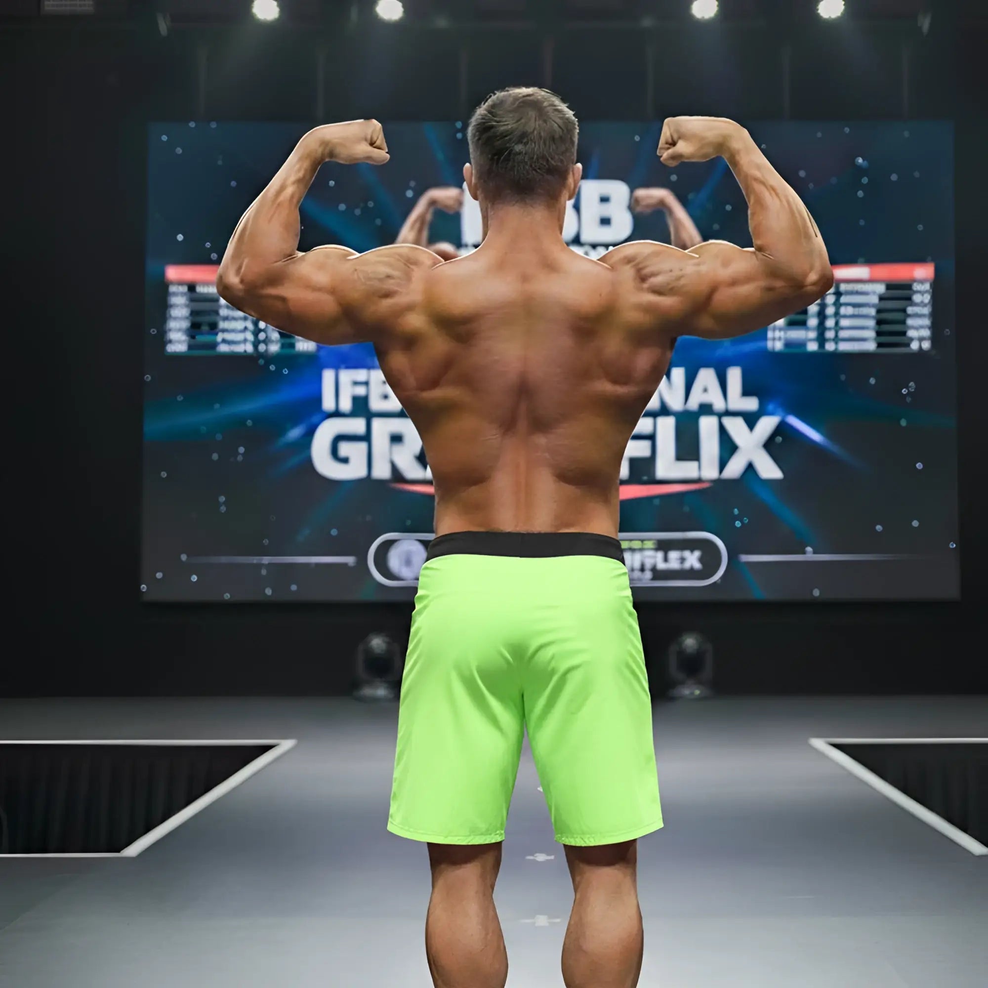 A muscular man wearing metro male wear physique board short lime black with a black waistband at a bodybuilding competition