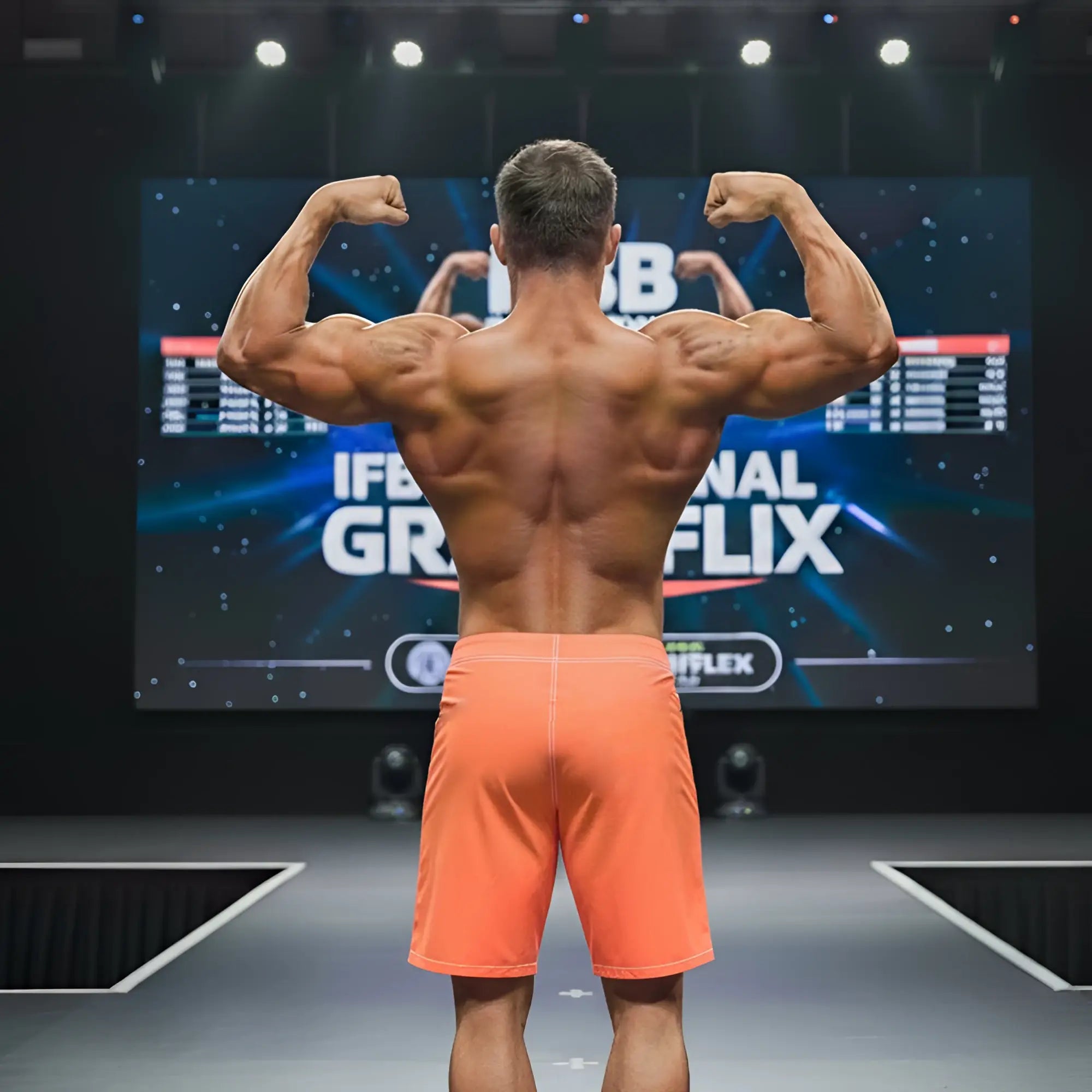 A muscular man wearing bright orange MetroMaleWear physique board shorts stands on stage showing the back side