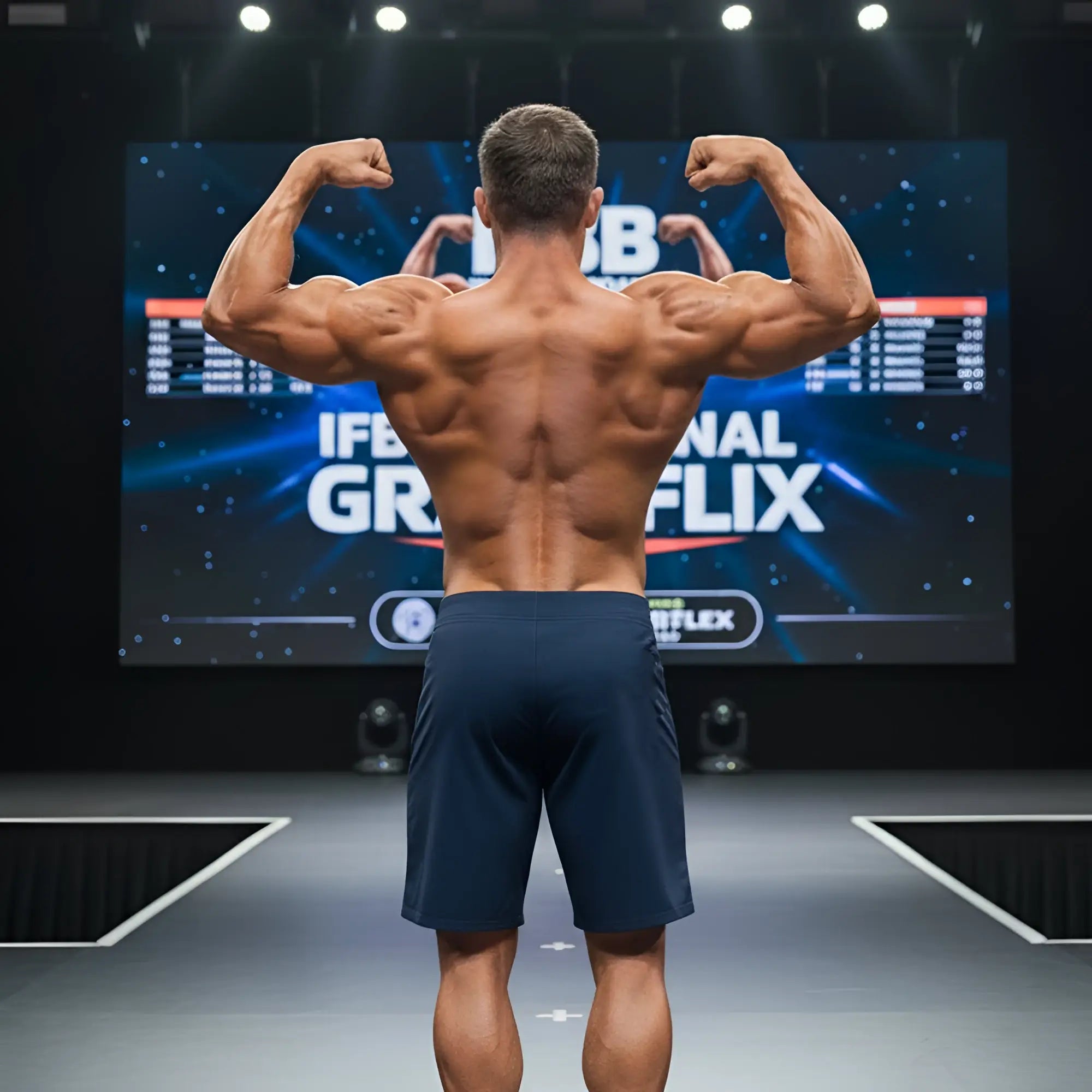A muscular man showcases the back side of navy blue MetroMaleWear Physique board shorts on stage with arms flexed