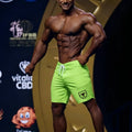 Metro malewear physique board short neon green with white drawstring and black shield logo on lower right leg