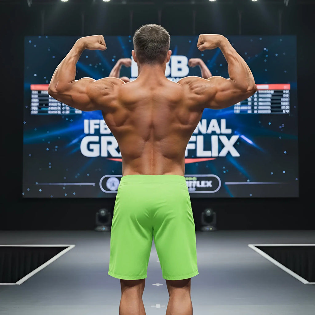 A muscular man showcases the back side of MetroMaleWear Physique board short neon green on stage