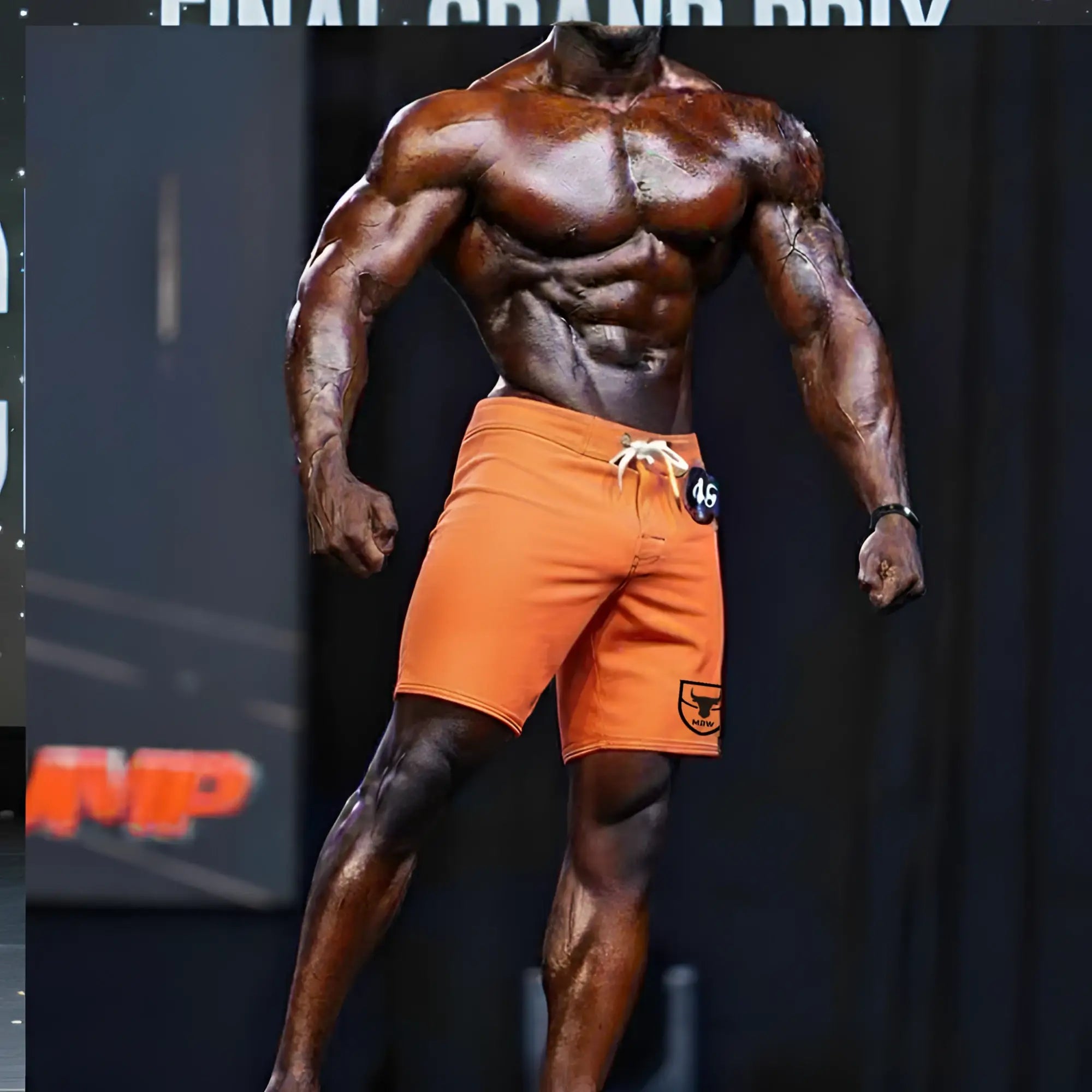 Metro malewear physique board short neon orange with white drawstring and black logo patch for athletic use