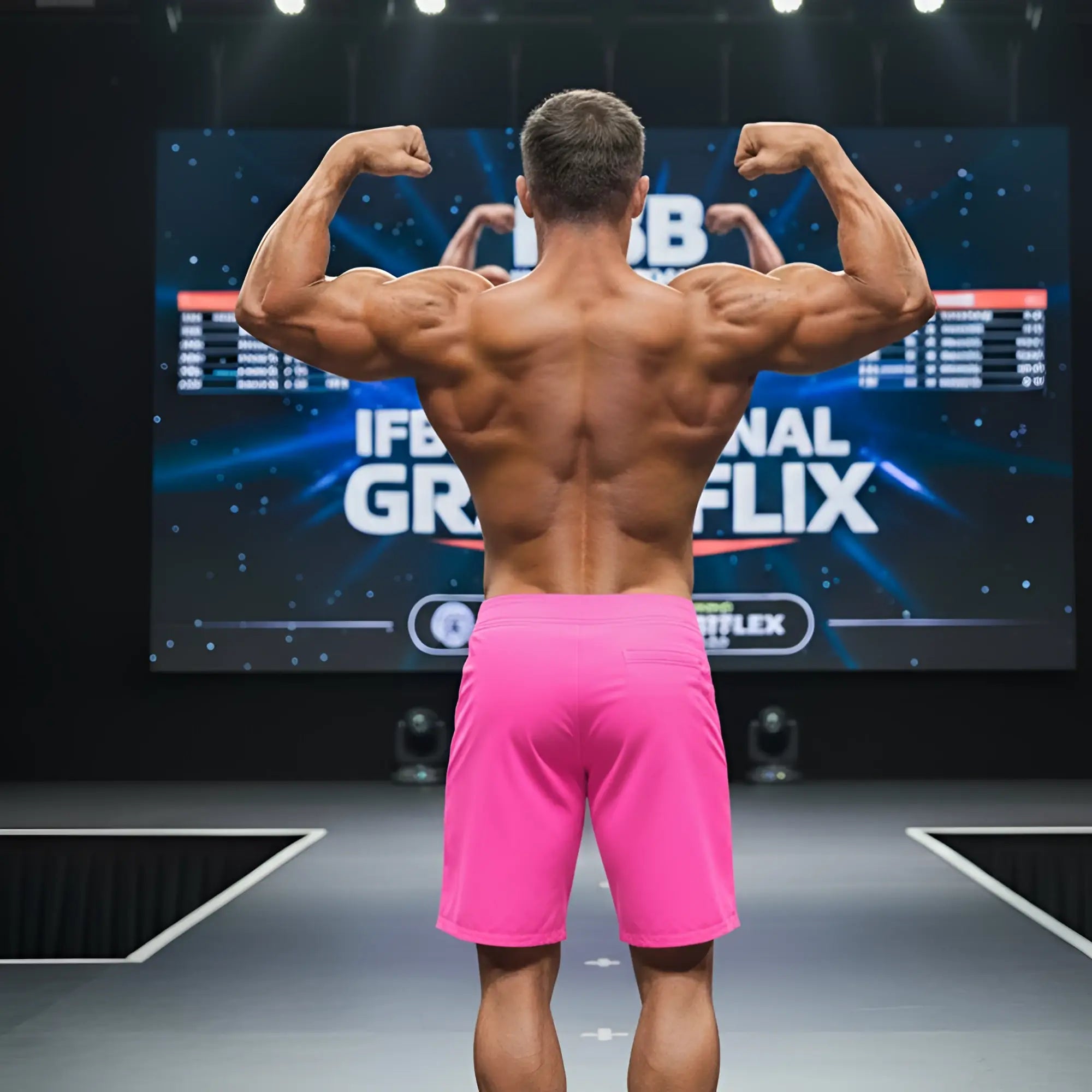 A muscular man from the back wearing metroMalewear physique board short neon pink 4706-02 showcasing defined muscles