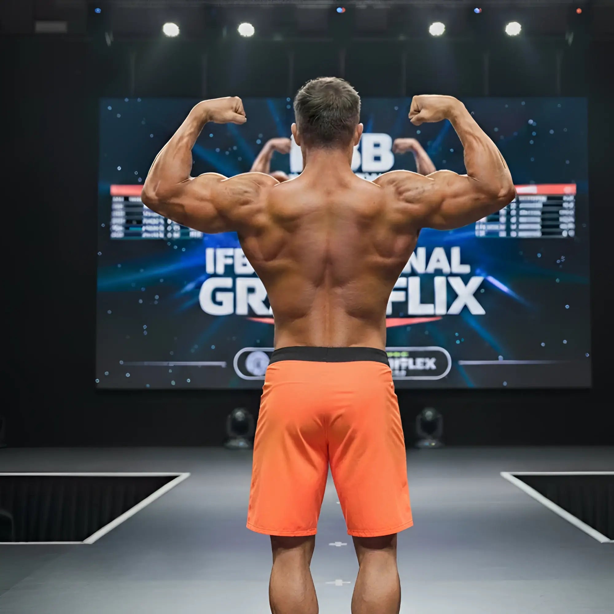 A muscular man shows the back side of metro male wear physique board short in bright orange with a black waistband