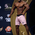 MetroMaleWear physique board short pink with black drawstring waistband and shield logo on lower left leg