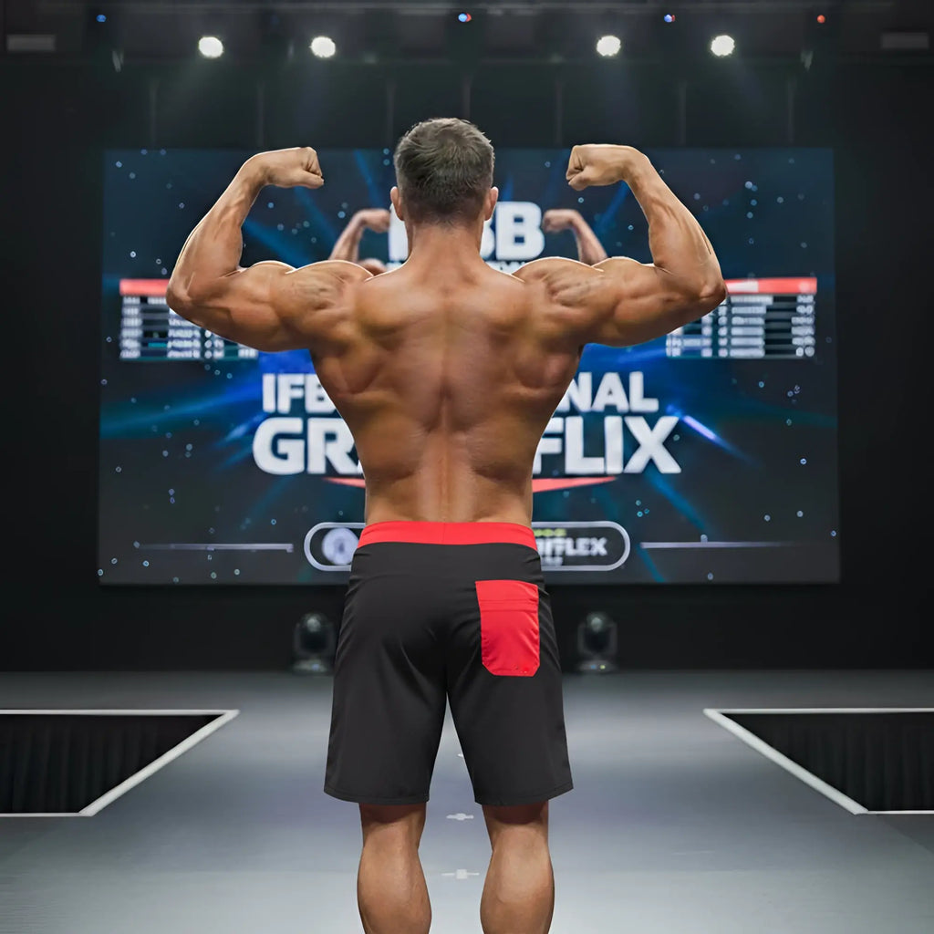 A muscular man wearing metroMalewear physique board short red stripe in black with red waistband and pocket facing forward