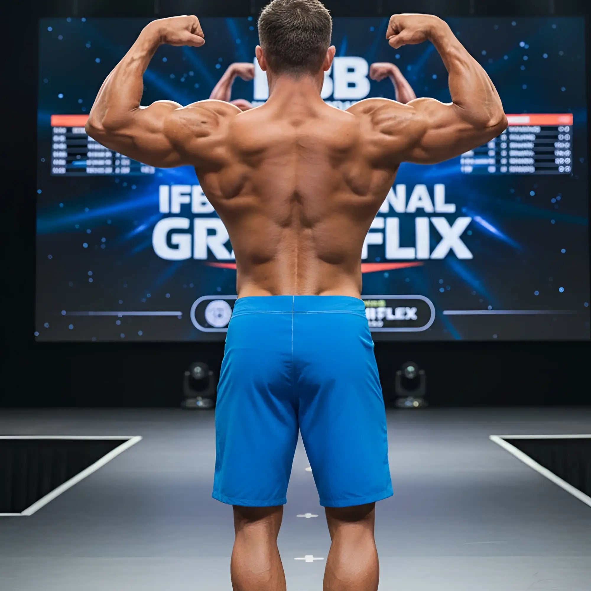 A muscular man wearing metro male wear physique board shorts royal blue 4706-18 shows the back side on stage
