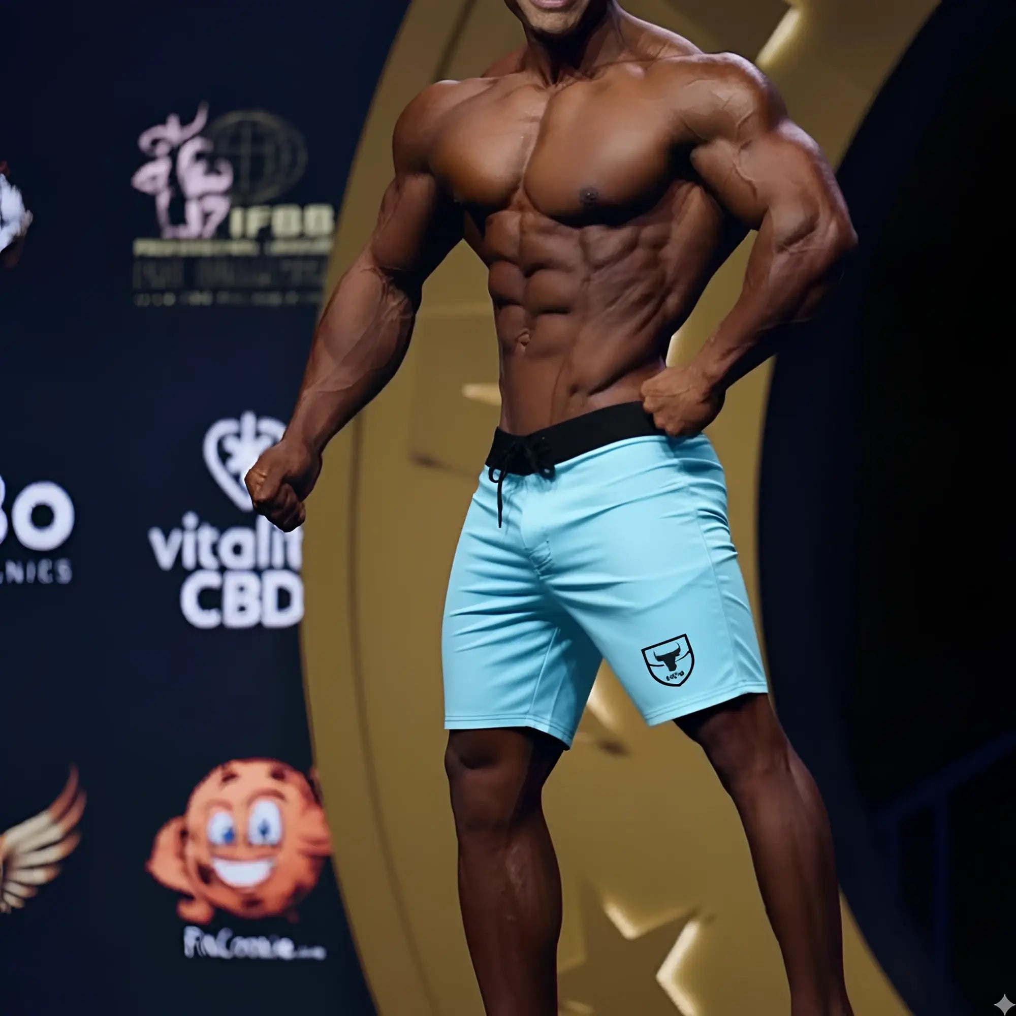Light blue MetroMaleWear Physique board short with black waistband and small shield logo on left leg for athletic use