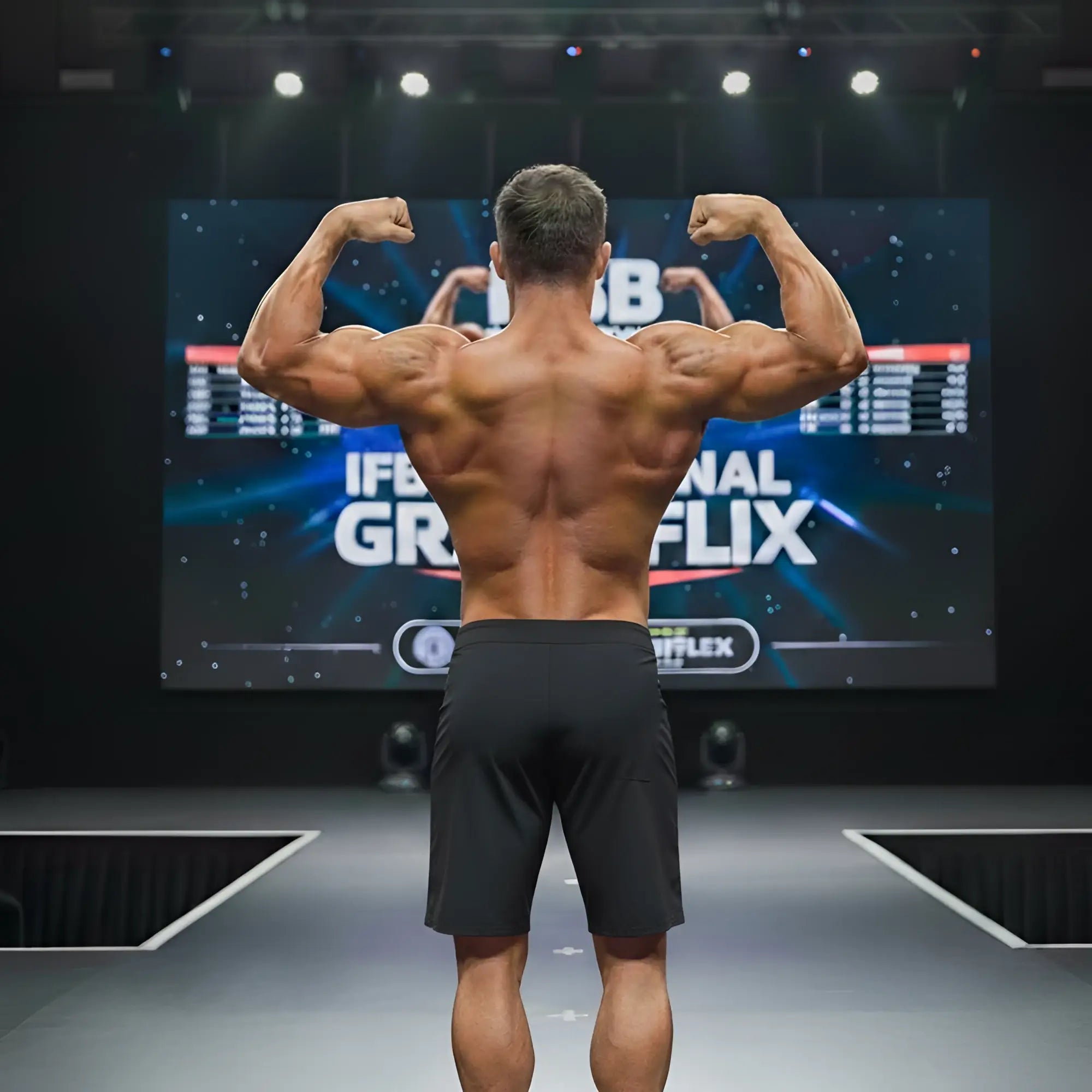 A muscular man wearing black MetroMaleWear Physique board short stripe 4706-47 shows defined back muscles and flexed arms