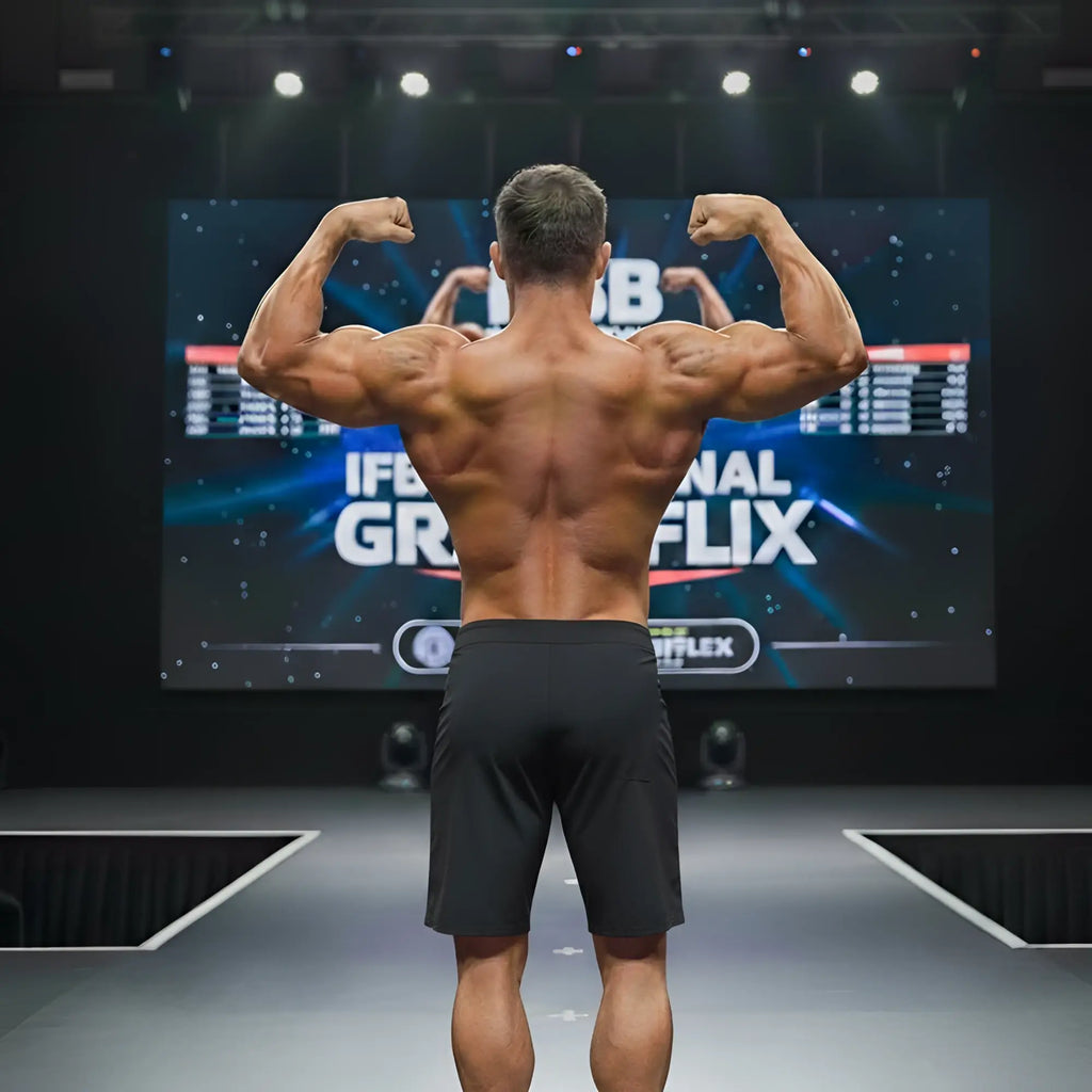 A muscular man from the back wearing black metroMalewear physique board short Victory 4706-46 flexing on stage