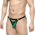 Green metallic thong jock strap with black elastic straps and metal rings from MetroMaleWear Picante 2921-07 back view