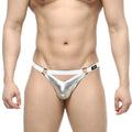 Silver metallic thong with white waistband and black circular rings by MetroMaleWear Picante jock strap front view