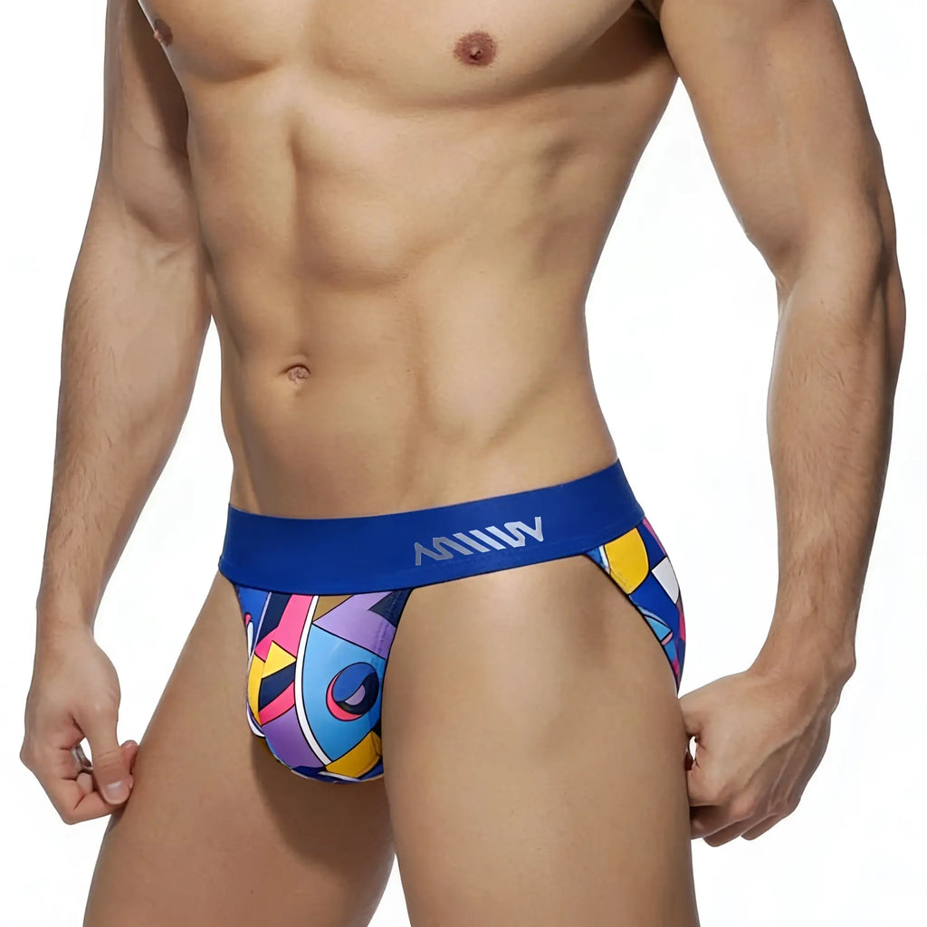 MetroMaleWear Picasso Bikini 3004-87 blue and multicolored geometric-patterned men’s briefs with bold abstract design