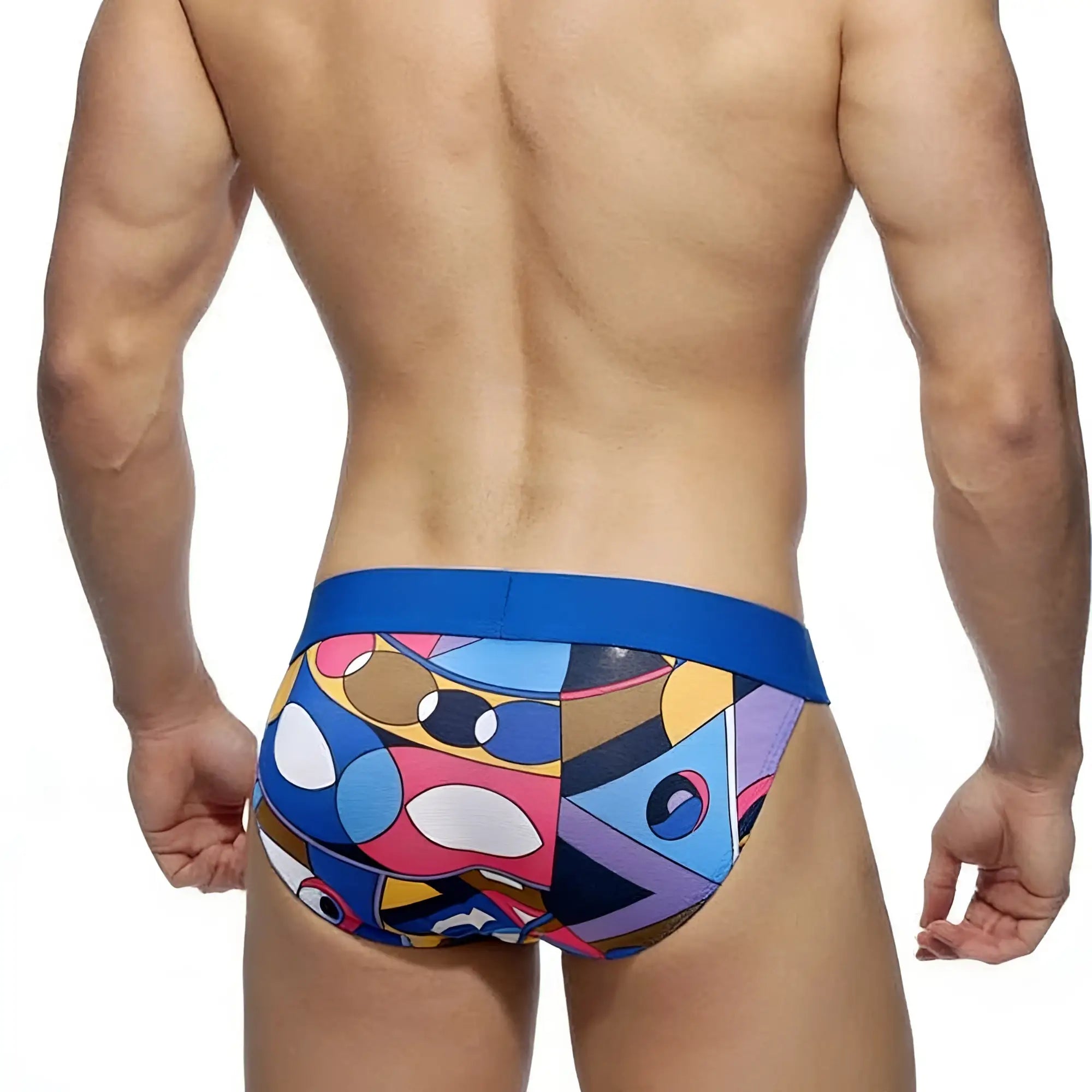 MetroMaleWear Picasso Bikini 3004-87 vibrant geometric-patterned swim trunks with a bold blue waistband
