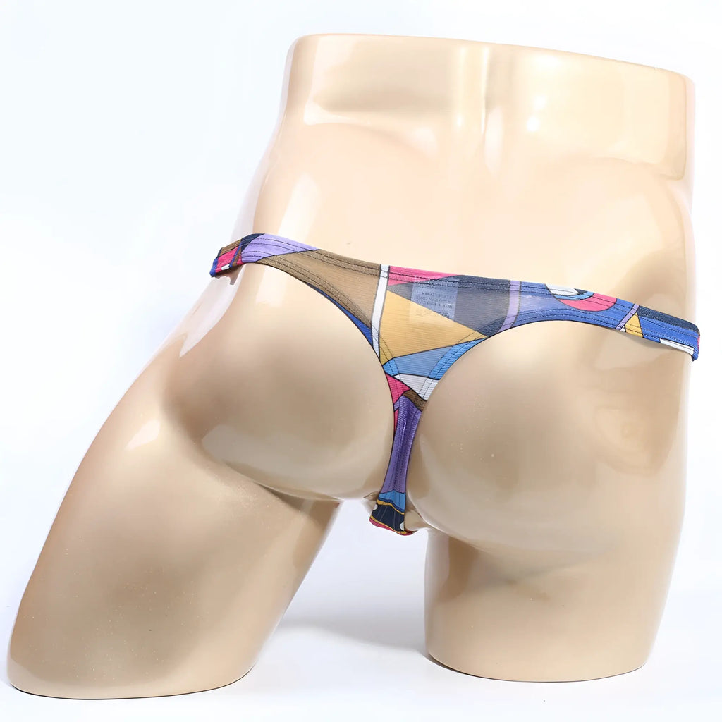 MetroMaleWear Picasso thong 2302-M87 features a colorful geometric pattern in blue purple yellow and pink stretchy fabric