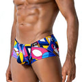 MetroMalewear Picasso trunk 2125-51 vibrant abstract-patterned men’s swim trunks in blue pink yellow and purple geometric design