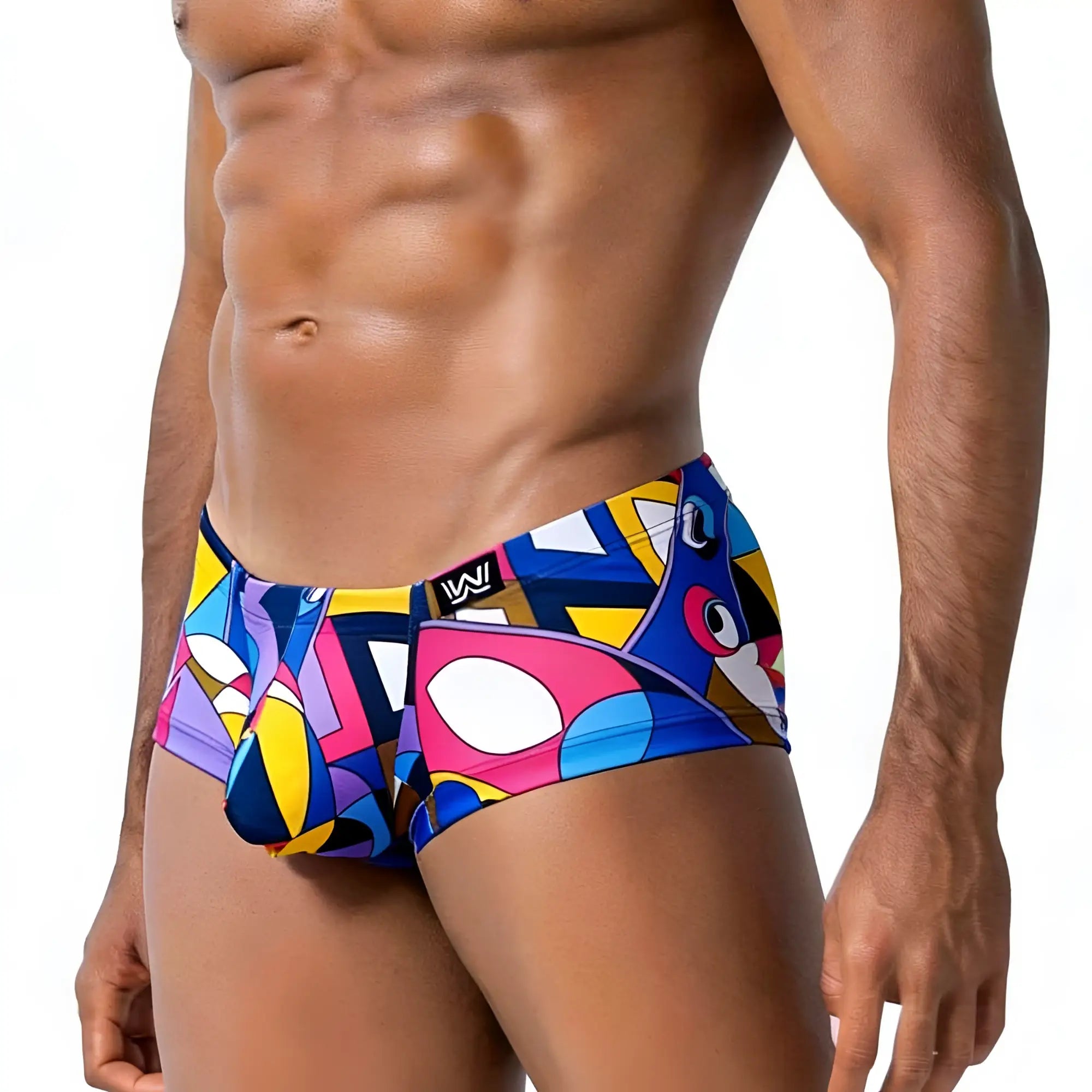 MetroMalewear Picasso trunk 2125-51 vibrant abstract-patterned men’s swim trunks in blue pink yellow and purple geometric design