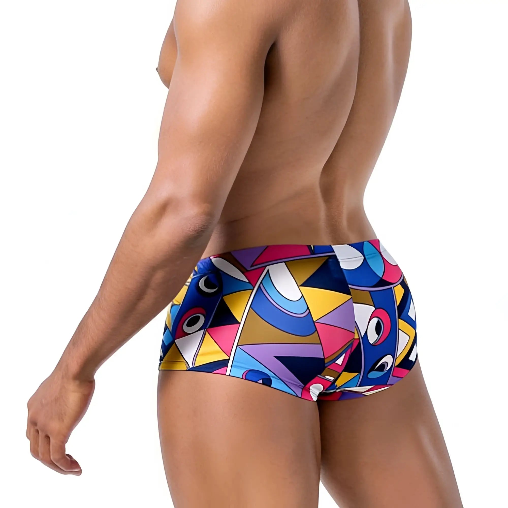 MetroMaleWear Picasso trunk 2125-51 vibrant geometric swim trunks in bold blues pinks yellows and purples