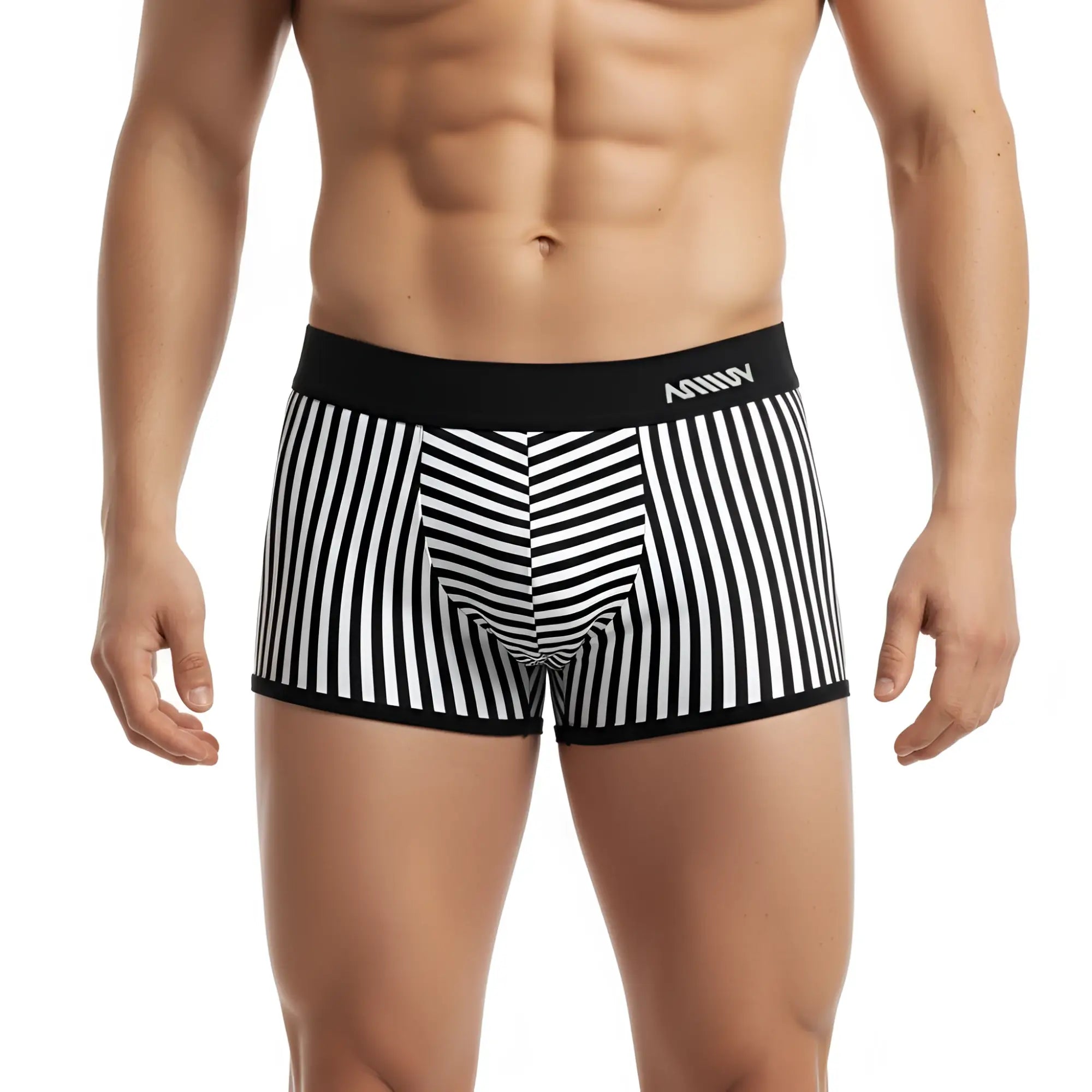 Black and white striped men’s boxer briefs with a black anhui waistband metro male wear pierrot boxer jock 2306-40