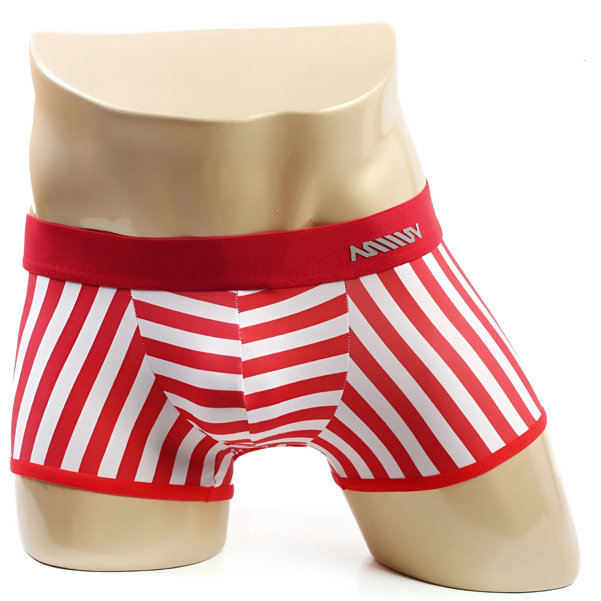 Red and white striped men’s boxer briefs with solid red waistband and anhui brand lettering metroMaleWear pierrot boxer jock