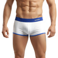 White athletic briefs metro male wear pierrot boxer jock with blue trim and minny logo waistband
