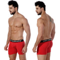 Red men’s pima cotton boxer briefs with black waistband and metroMalewear branding for comfortable daily wear