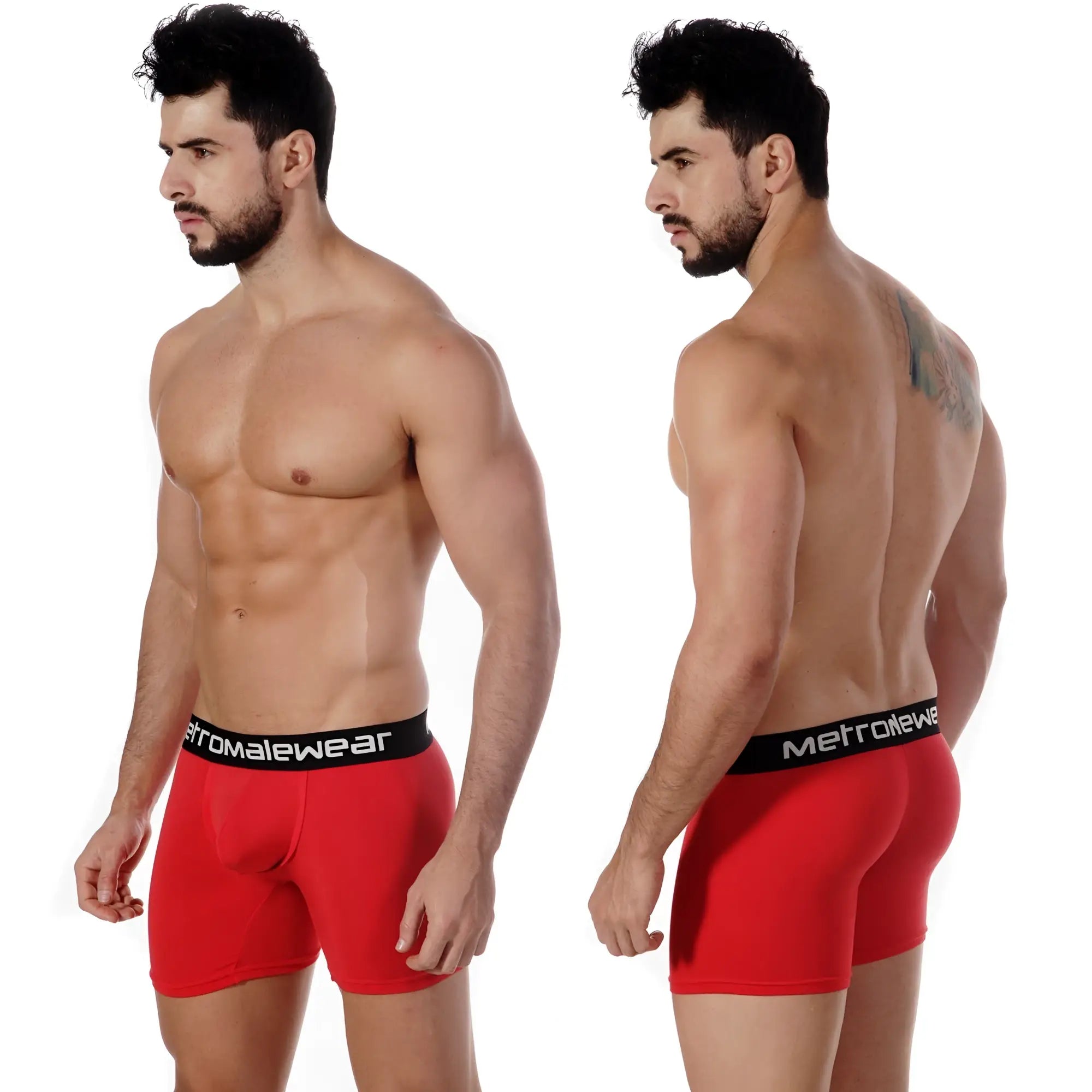 Red men’s pima cotton boxer briefs with black waistband and metroMalewear branding for comfortable daily wear