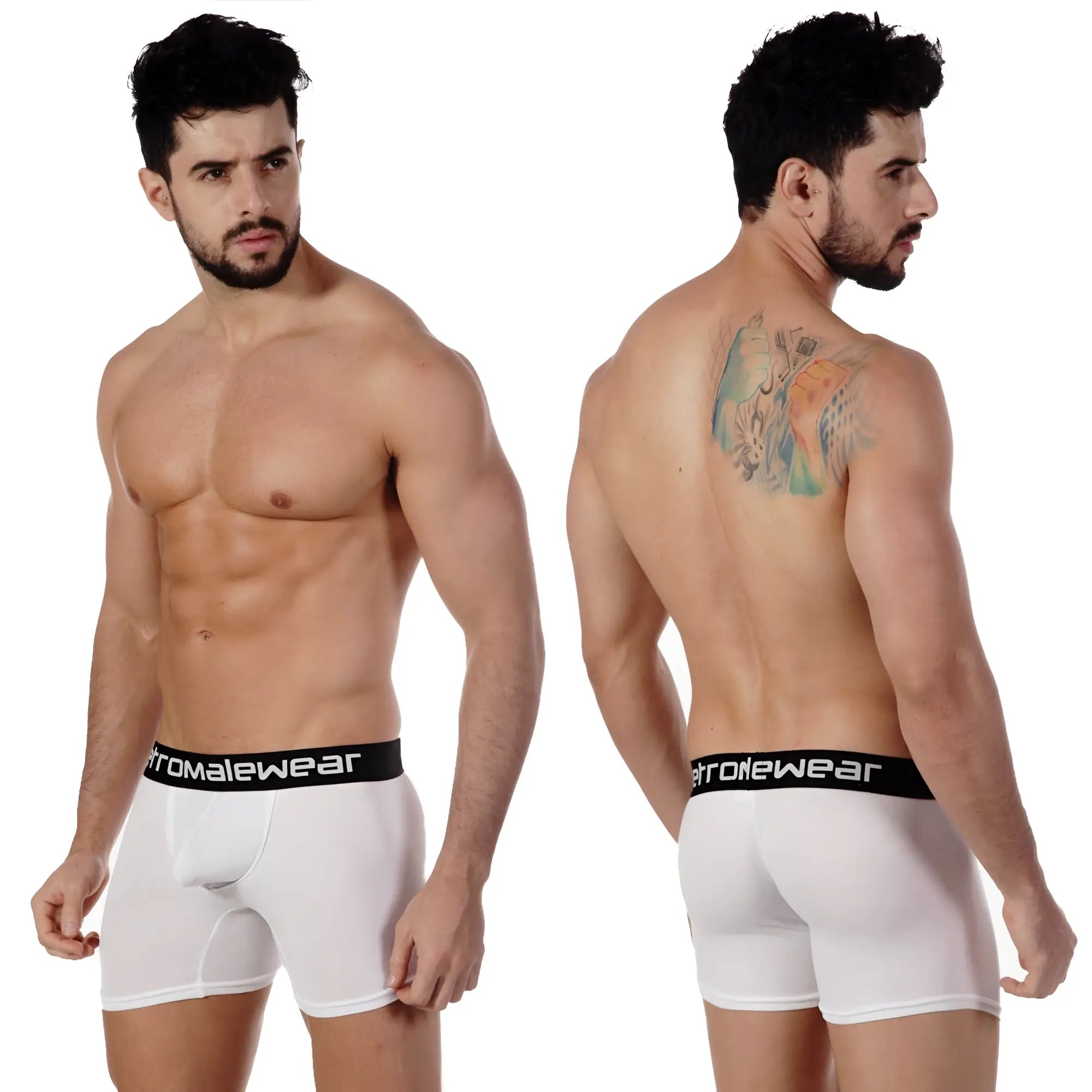 White mens boxer briefs with black elastic waistband branded romalewear made from pima cotton metroMalewear 3027-00