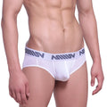 White men’s briefs with gray logo band waist made of pima cotton metro malewear hip brief 3003-00