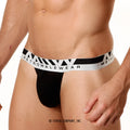 Black metromalewear pima cotton briefs with white and black striped waistband featuring the brand logo