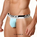Light blue pima cotton athletic cut briefs with black and white metromalewear branded waistband