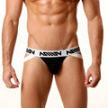 Black athletic briefs with white waistband and bold black miv branding made of pima cotton by MetroMaleWear