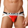 Vibrant red form-fitting briefs with black and white striped metromalewear waistband made of pima cotton