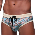 MetroMaleWear piton swim brief turquoise with blue pink snake scale pattern cream waistband and black drawstring