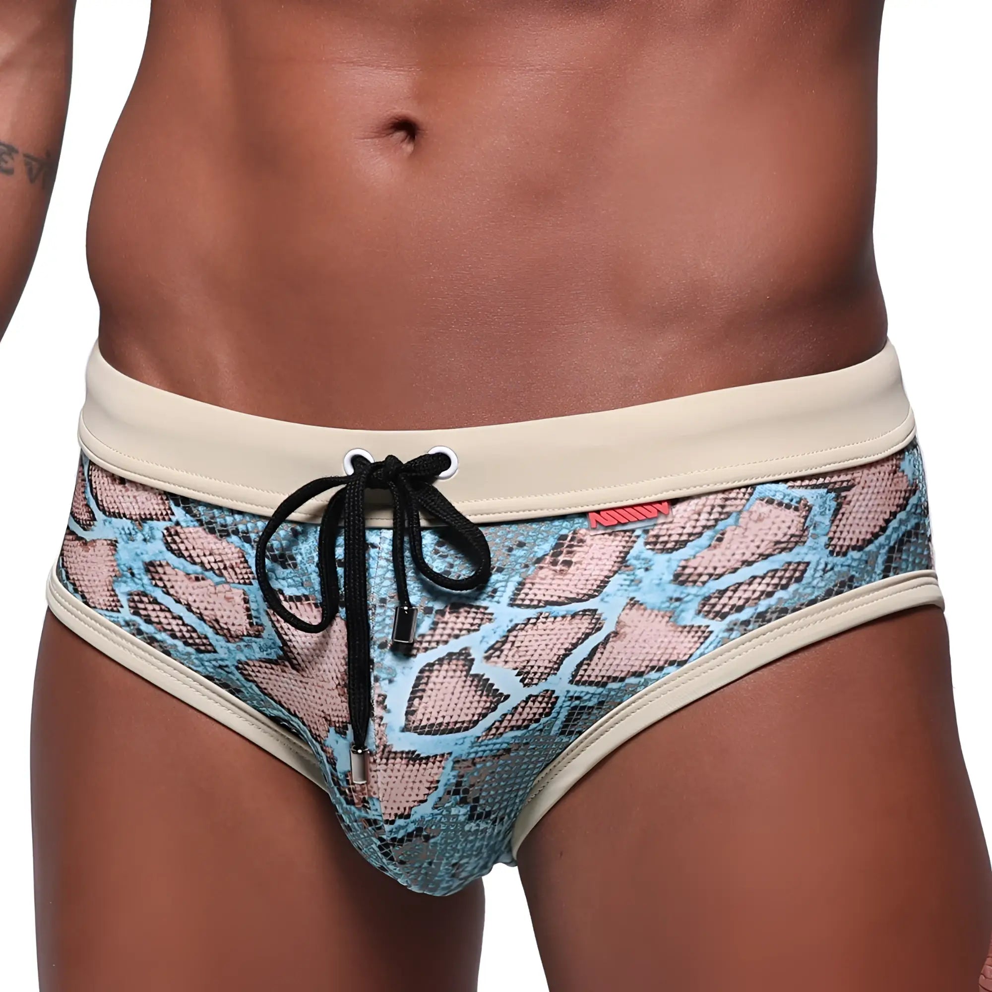 MetroMaleWear piton swim brief turquoise with blue pink snake scale pattern cream waistband and black drawstring