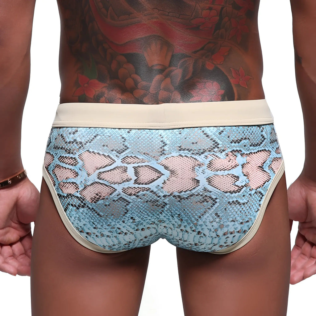 Light blue snake-print men’s swim briefs with beige trim from MetroMaleWear piton swim brief turquoise 4916-03