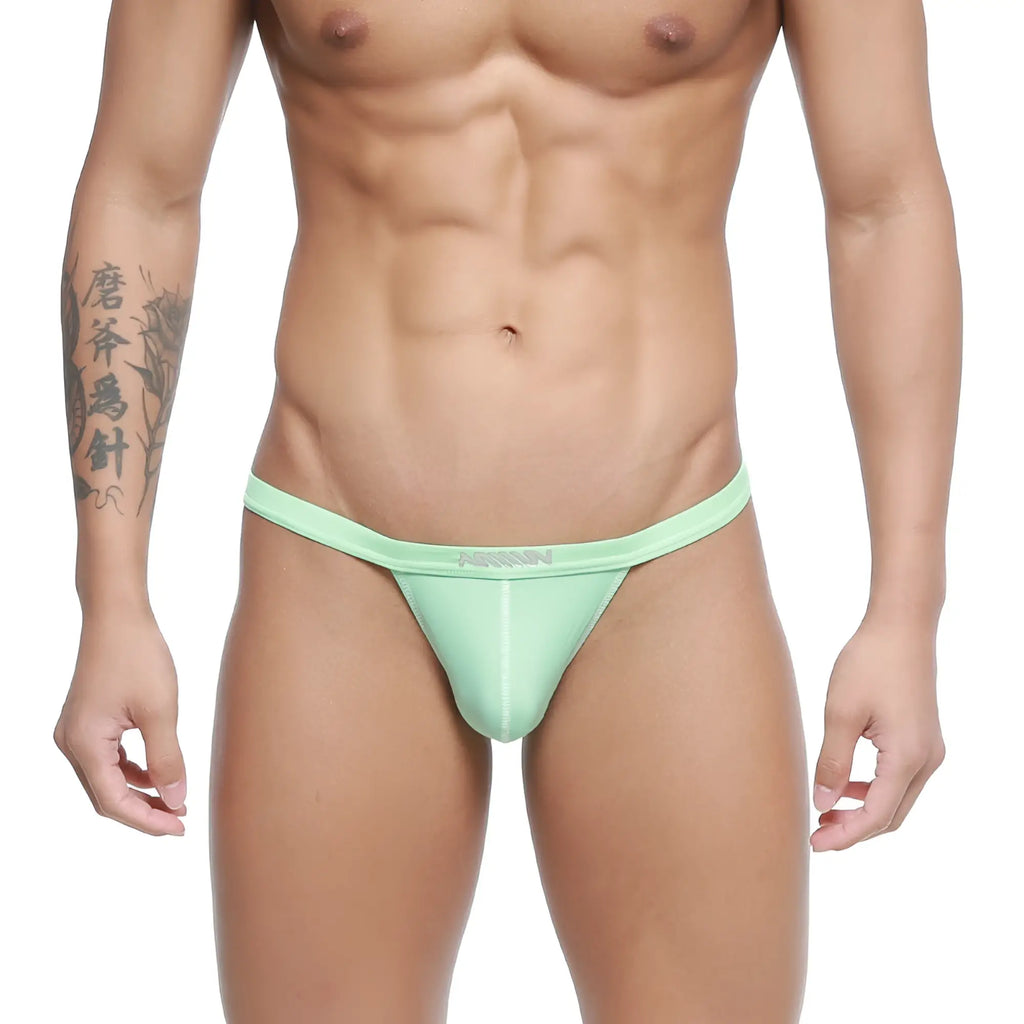 MetroMaleWear Plano bikini green 3334-07 mint green nylon thong with subtle brand logo on waistband front view