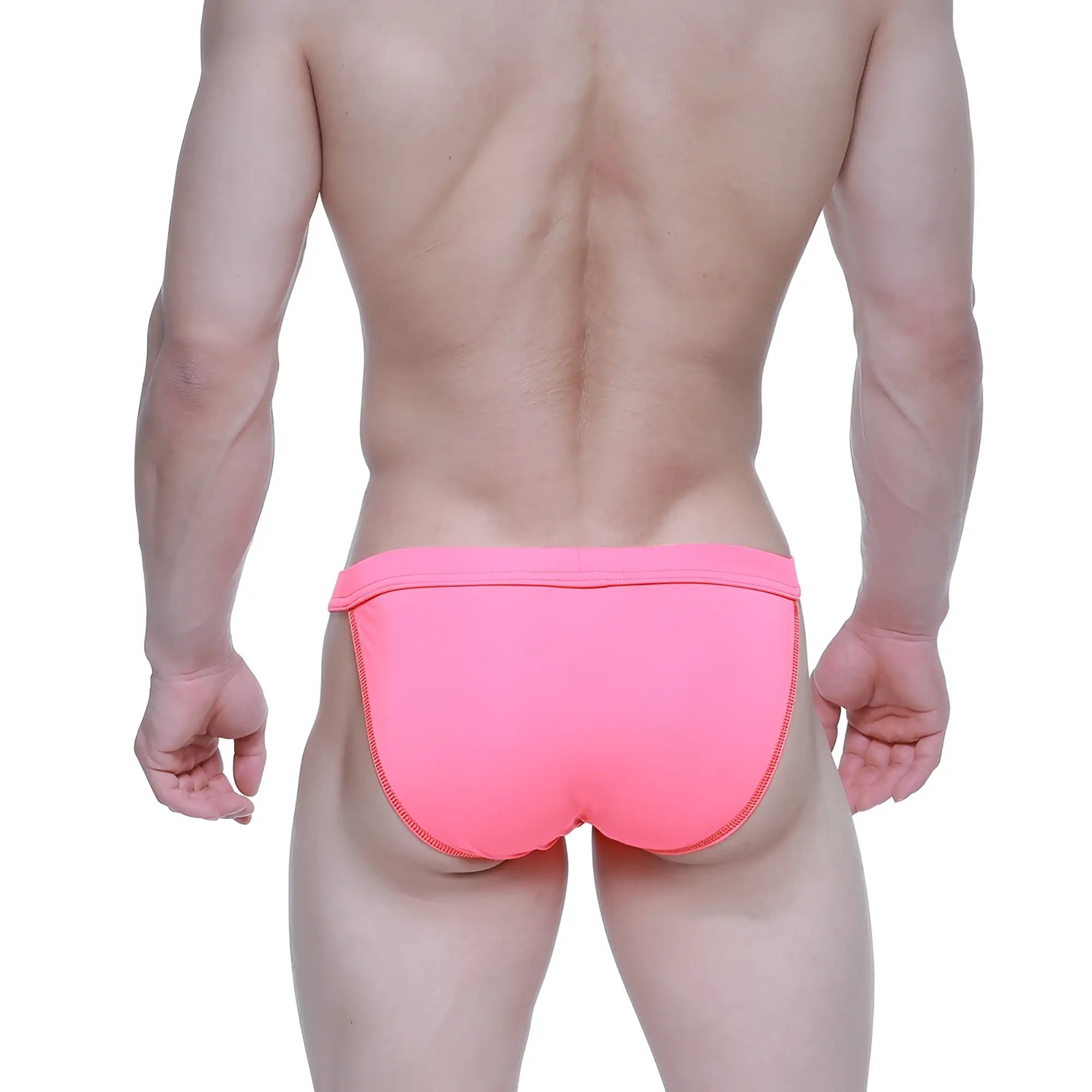 Bright pink MetroMaleWear Plano Bikini swim trunks with snug fit and side seam zipper detail
