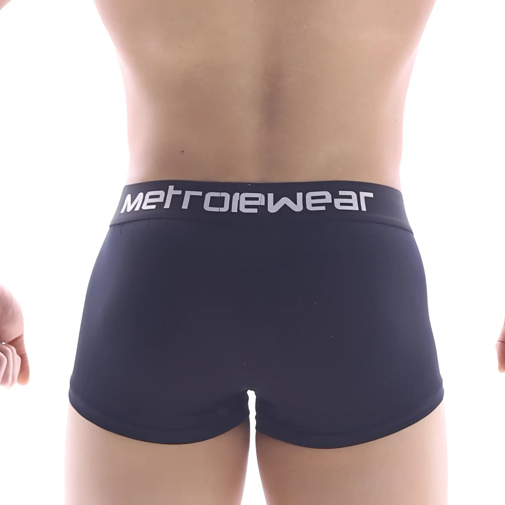 Black metrowear briefs with white logo waistband featuring comfortable fabric for stylish everyday wear
