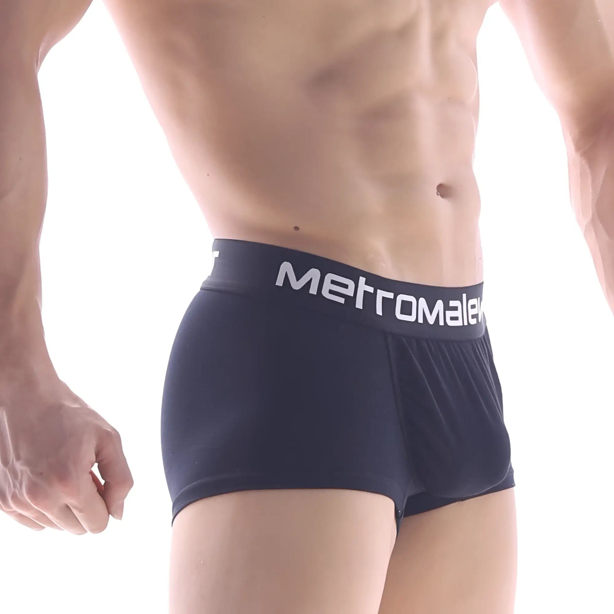 Navy blue metromale boxer briefs with white branded waistband designed for comfort and style in everyday wear