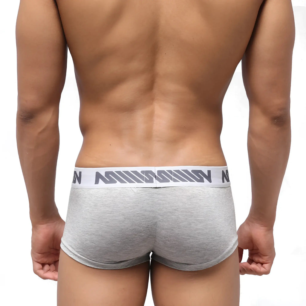 Gray heathered metro male wear pocket short boxer briefs with white elastic waistband and repeating gray n logo pattern