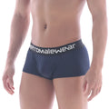 Navy blue men’s briefs with a black elastic waistband featuring white AeromaleWear branding MetroMaleWear Pocket Short Boxer