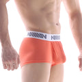Orange metroMalewear pocket short boxer briefs with white elastic waistband and gray million branding