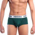 Dark green men’s boxer briefs with white elastic waistband and gray n logo pattern metro male wear pocket short boxer pine green
