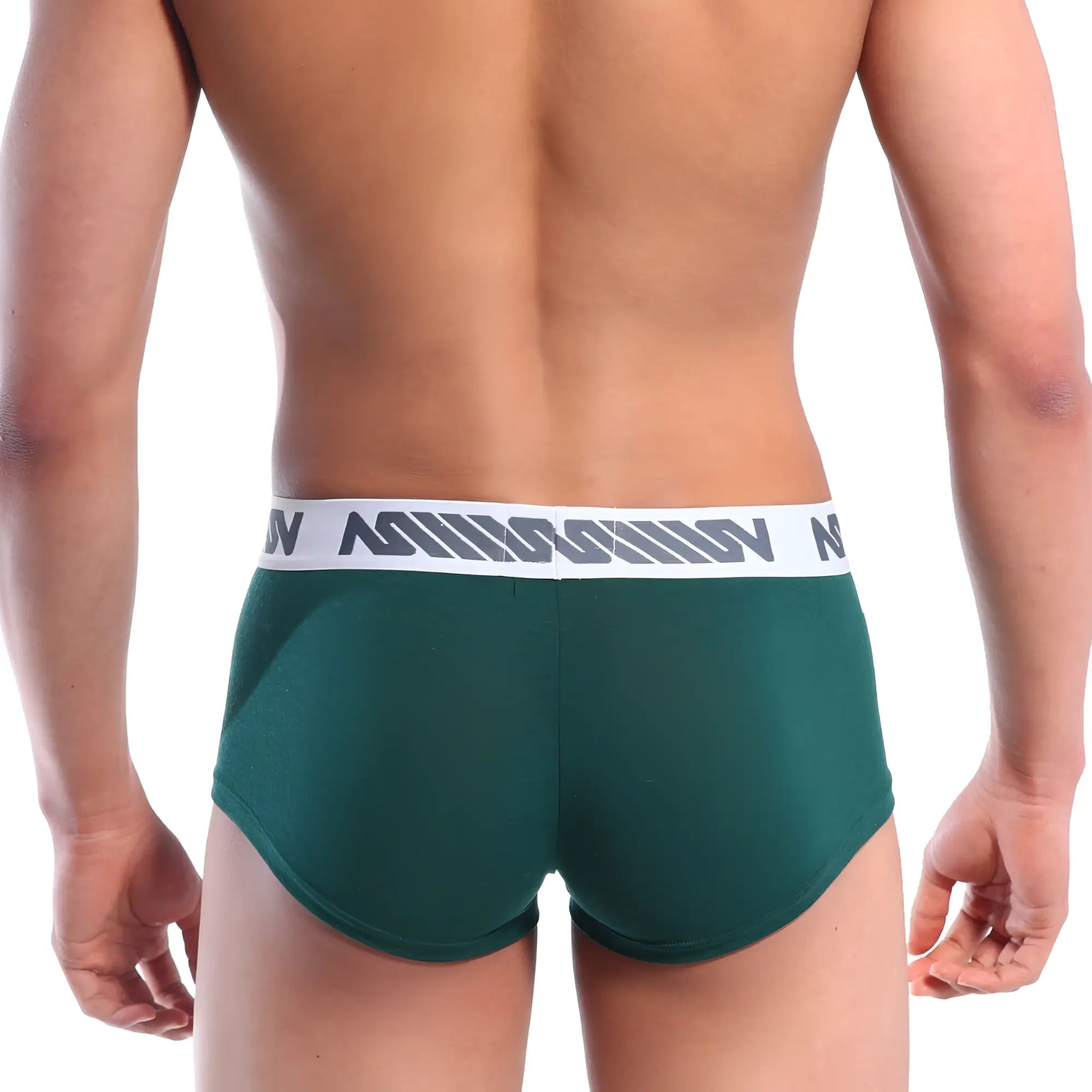 Dark green metro malewear pocket short boxer briefs with white elastic waistband and black logo pattern