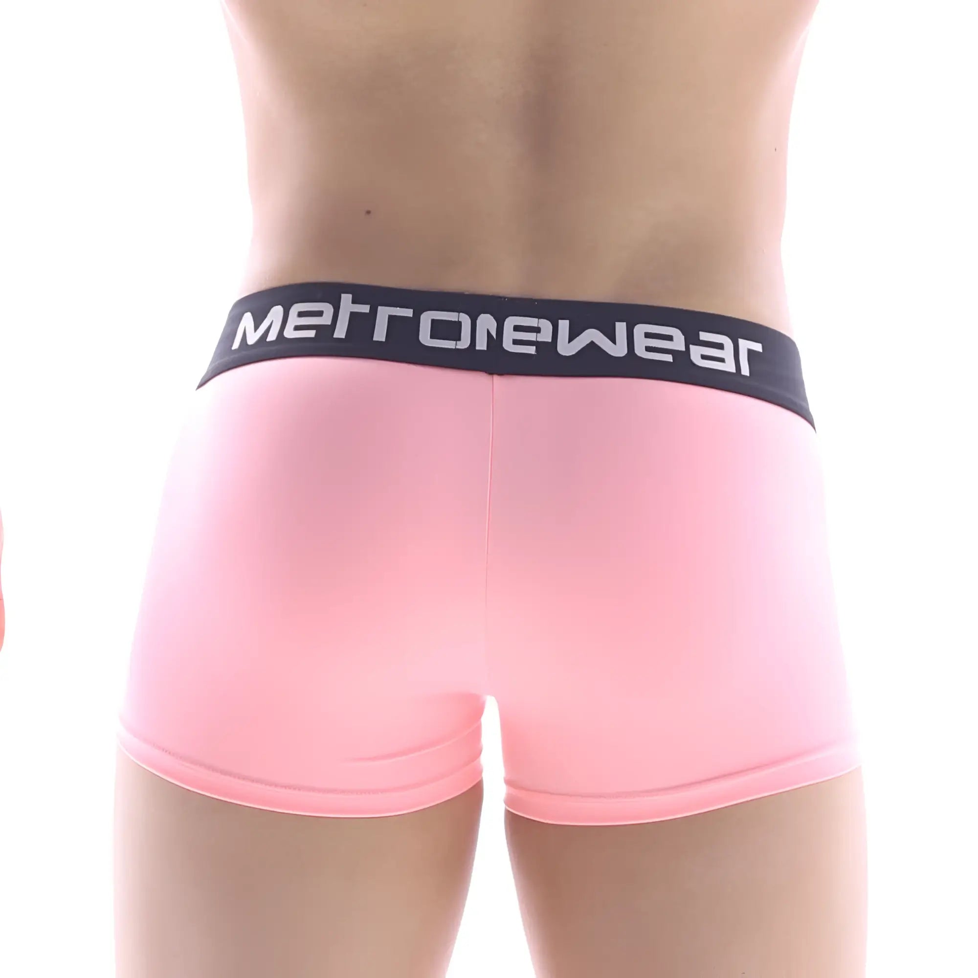 Pink metrowear briefs with black waistband and white lettering metro malewear pocket short boxer 3113-01 front view