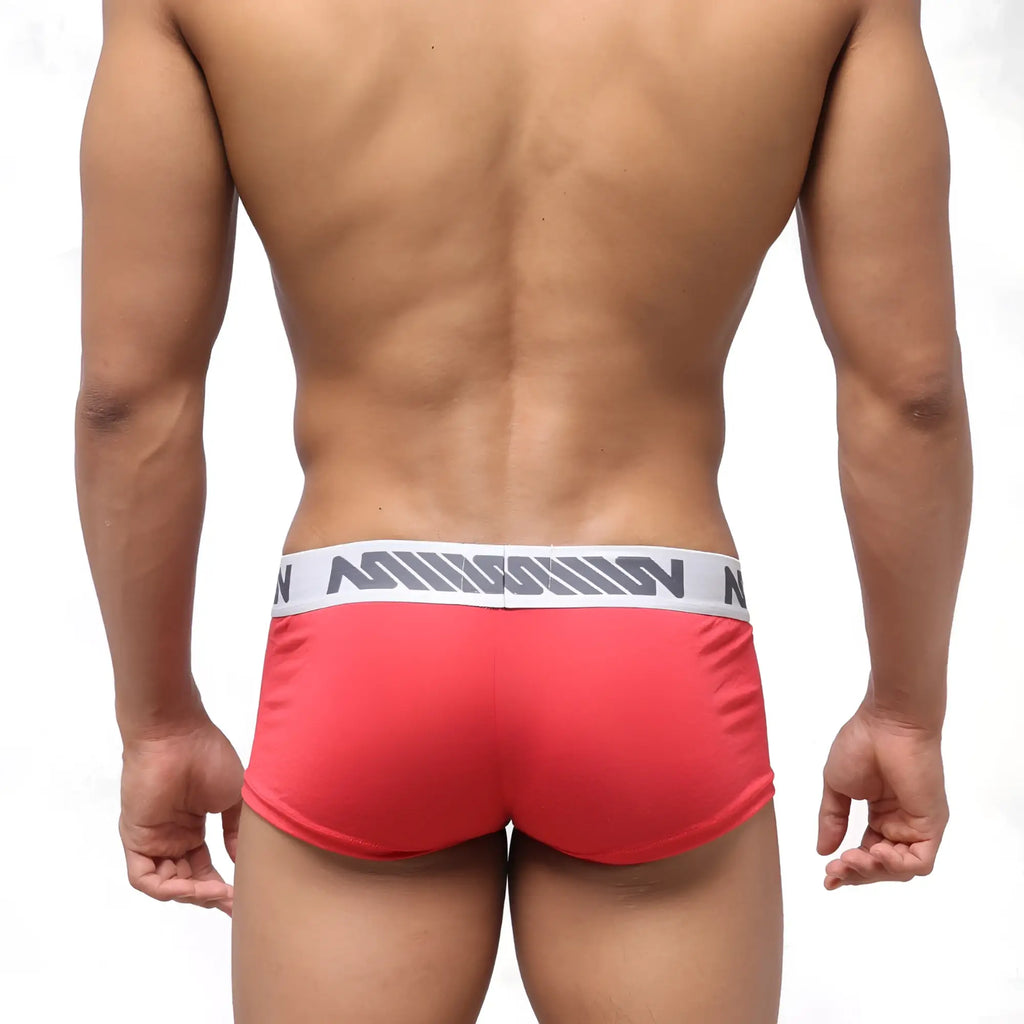 Red men’s briefs metro male wear pocket short boxer with white elastic waistband and gray mission logo
